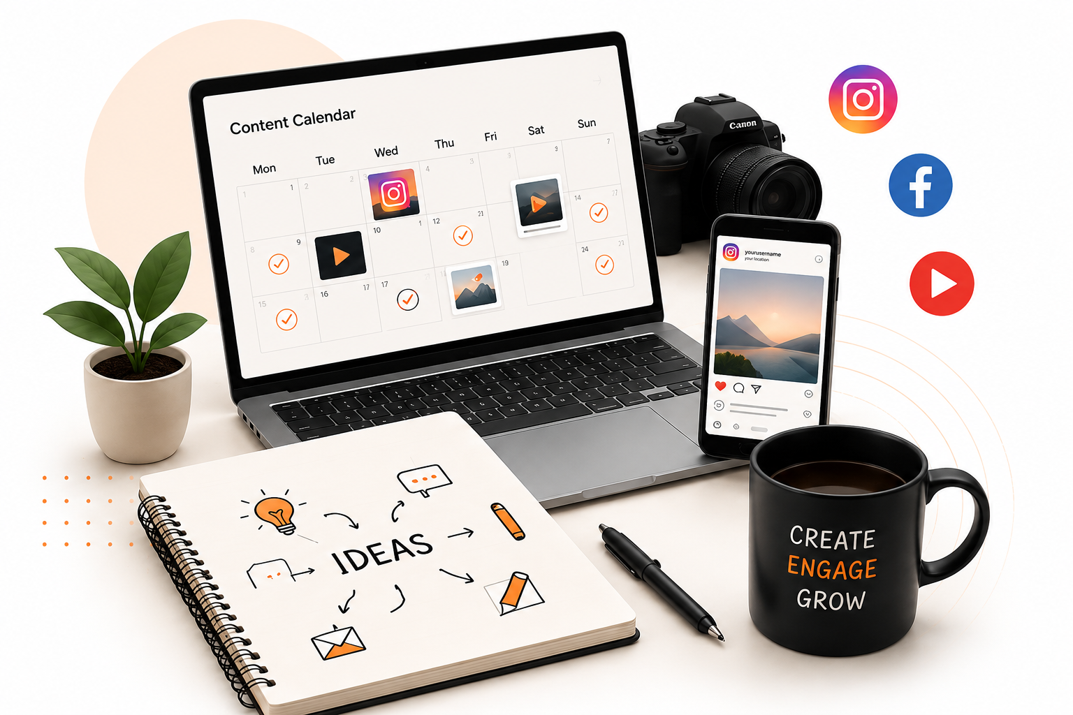 Laptop showing a content calendar with scheduled Instagram and video posts, phone with an Instagram feed, Canon camera, spiral notebook with IDEAS brainstorm, pen, and a mug reading Create Engage Grow